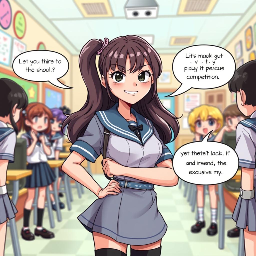 A confident school girl dressed in a stylish and slightly edgy version of a school uniform stands assertively, casting a playful yet dominant presence