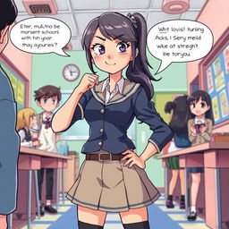 A confident school girl dressed in a stylish and slightly edgy version of a school uniform stands assertively, casting a playful yet dominant presence