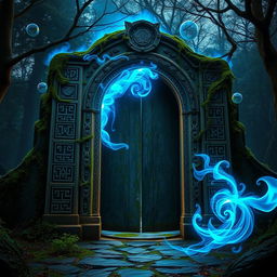 An ancient stone gate, intricately carved with ancient symbols and patterns, covered in moss and vines that show its age