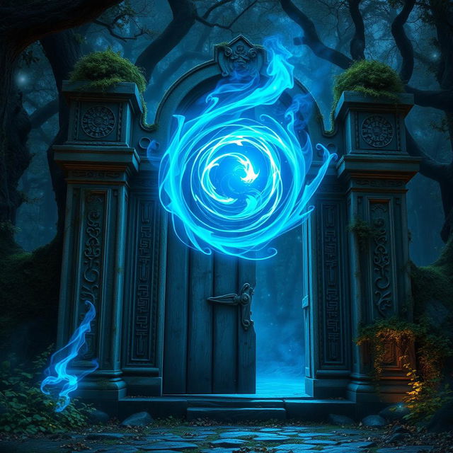 An ancient stone gate, intricately carved with ancient symbols and patterns, covered in moss and vines that show its age