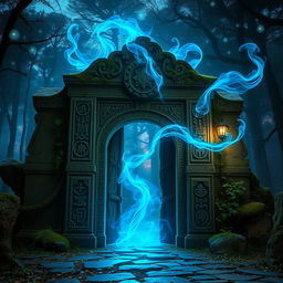 An ancient stone gate, intricately carved with ancient symbols and patterns, covered in moss and vines that show its age