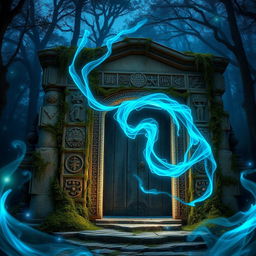 An ancient stone gate, intricately carved with ancient symbols and patterns, covered in moss and vines that show its age