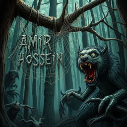 In a frightening forest, the name 'AMIR HOSSEIN' is woven intricately into a thick spider web hanging from a tree branch