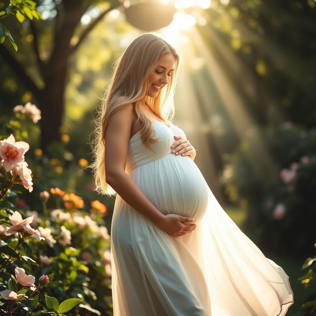 A beautiful, glowing pregnant woman standing in a serene garden, surrounded by blooming flowers and lush greenery