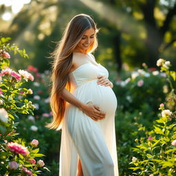 A beautiful, glowing pregnant woman standing in a serene garden, surrounded by blooming flowers and lush greenery