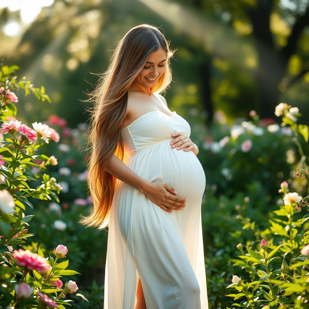 A beautiful, glowing pregnant woman standing in a serene garden, surrounded by blooming flowers and lush greenery