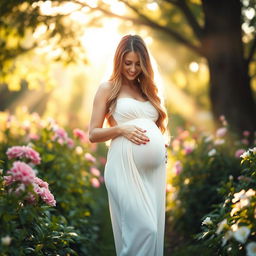 A beautiful, glowing pregnant woman standing in a serene garden, surrounded by blooming flowers and lush greenery