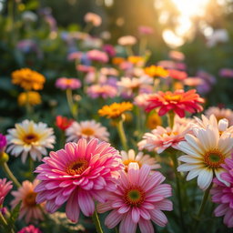 A close-up artistic depiction of a flower garden at dawn, with a variety of colorful flowers in bloom, surrounded by lush green foliage