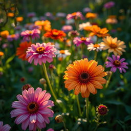 A close-up artistic depiction of a flower garden at dawn, with a variety of colorful flowers in bloom, surrounded by lush green foliage