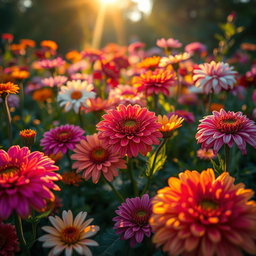 A close-up artistic depiction of a flower garden at dawn, with a variety of colorful flowers in bloom, surrounded by lush green foliage