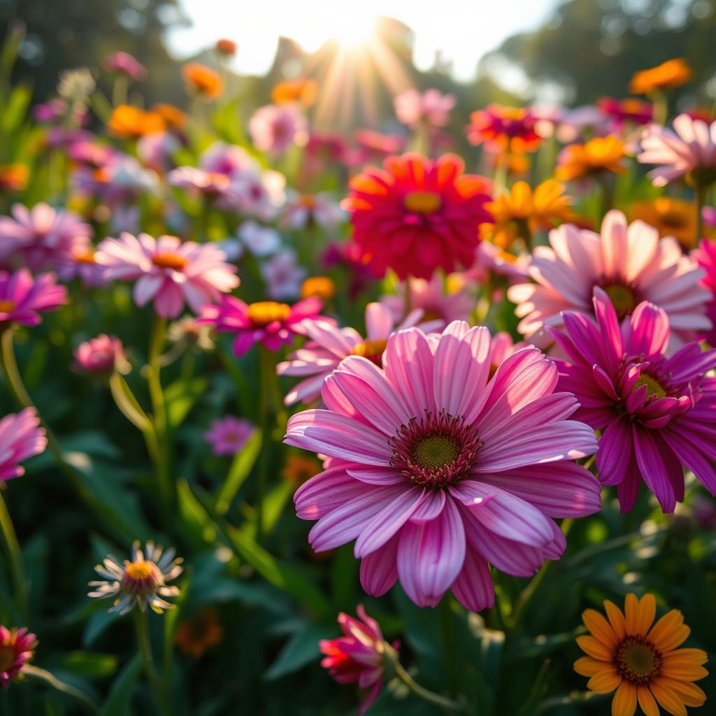 A close-up artistic depiction of a flower garden at dawn, with a variety of colorful flowers in bloom, surrounded by lush green foliage