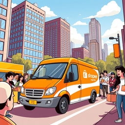 A vibrant, eye-catching illustration featuring a Shopee Express delivery van driving through a bustling urban cityscape