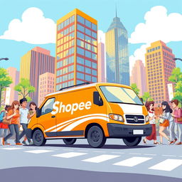A vibrant, eye-catching illustration featuring a Shopee Express delivery van driving through a bustling urban cityscape