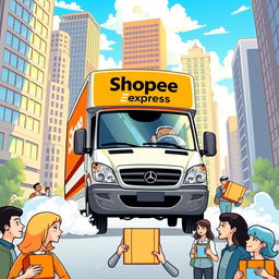 A vibrant, eye-catching illustration featuring a Shopee Express delivery van driving through a bustling urban cityscape