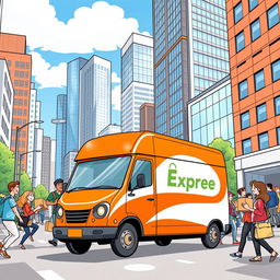 A vibrant, eye-catching illustration featuring a Shopee Express delivery van driving through a bustling urban cityscape