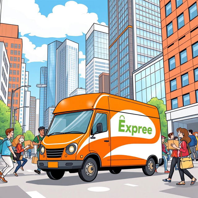 A vibrant, eye-catching illustration featuring a Shopee Express delivery van driving through a bustling urban cityscape
