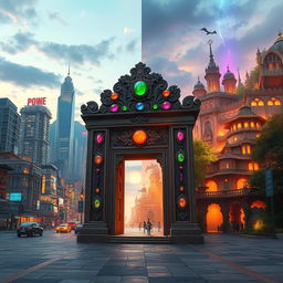 An ancient stone gate decorated with vibrant jewels embedded in intricate carvings, standing majestically between two contrasting worlds