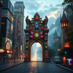 An ancient stone gate decorated with vibrant jewels embedded in intricate carvings, standing majestically between two contrasting worlds