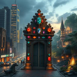 An ancient stone gate decorated with vibrant jewels embedded in intricate carvings, standing majestically between two contrasting worlds