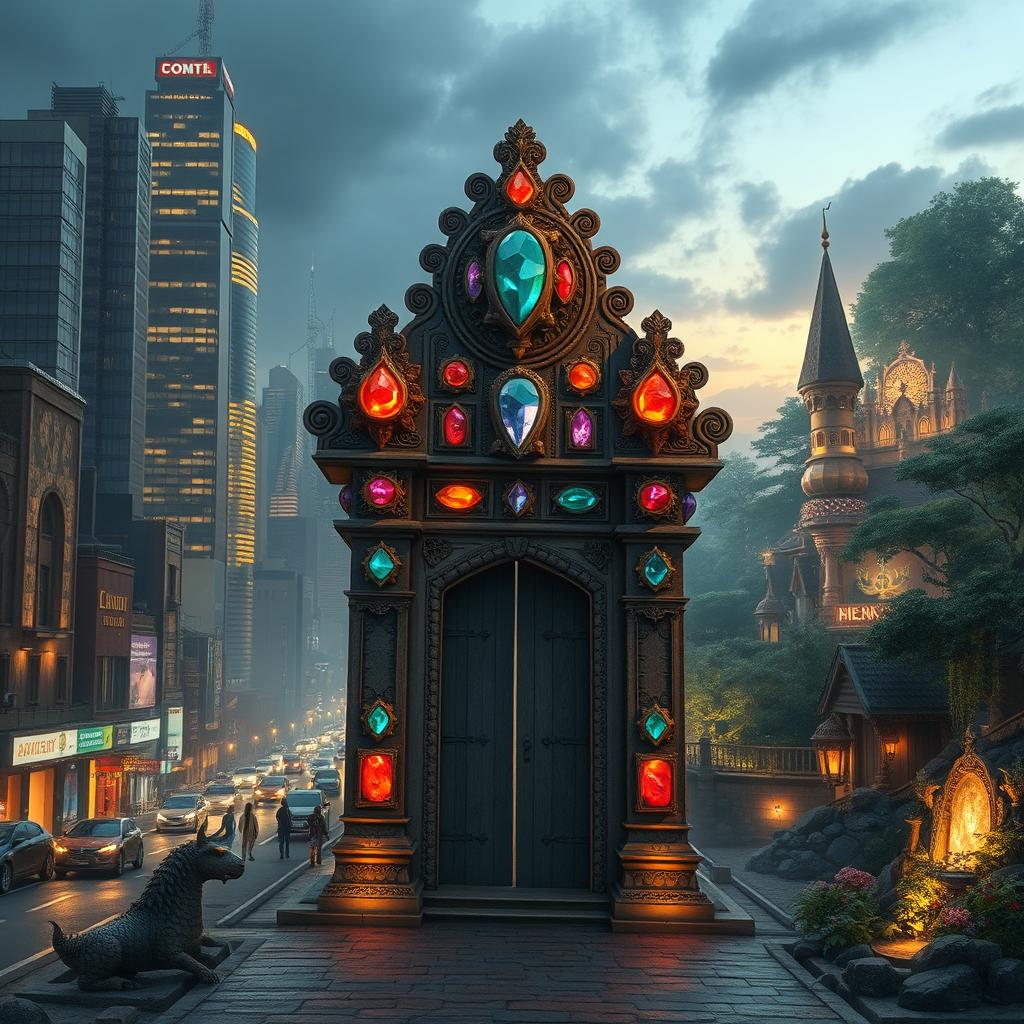 An ancient stone gate decorated with vibrant jewels embedded in intricate carvings, standing majestically between two contrasting worlds