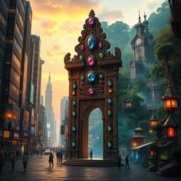 An ancient stone gate decorated with vibrant jewels embedded in intricate carvings, standing majestically between two contrasting worlds