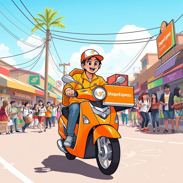 A lively and colorful depiction of Shopee Express in action