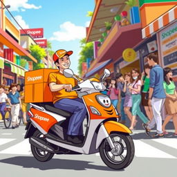 A lively and colorful depiction of Shopee Express in action