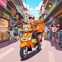 A lively and colorful depiction of Shopee Express in action