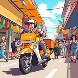 A lively and colorful depiction of Shopee Express in action