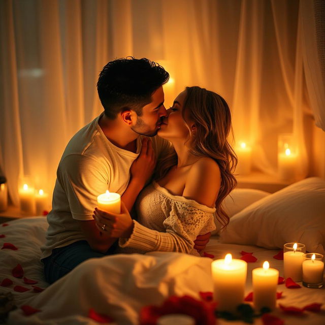 A romantic and intimate scene depicting a loving couple in a soft-lit, cozy bedroom, surrounded by candles and rose petals