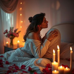 A romantic and intimate scene depicting a loving couple in a soft-lit, cozy bedroom, surrounded by candles and rose petals