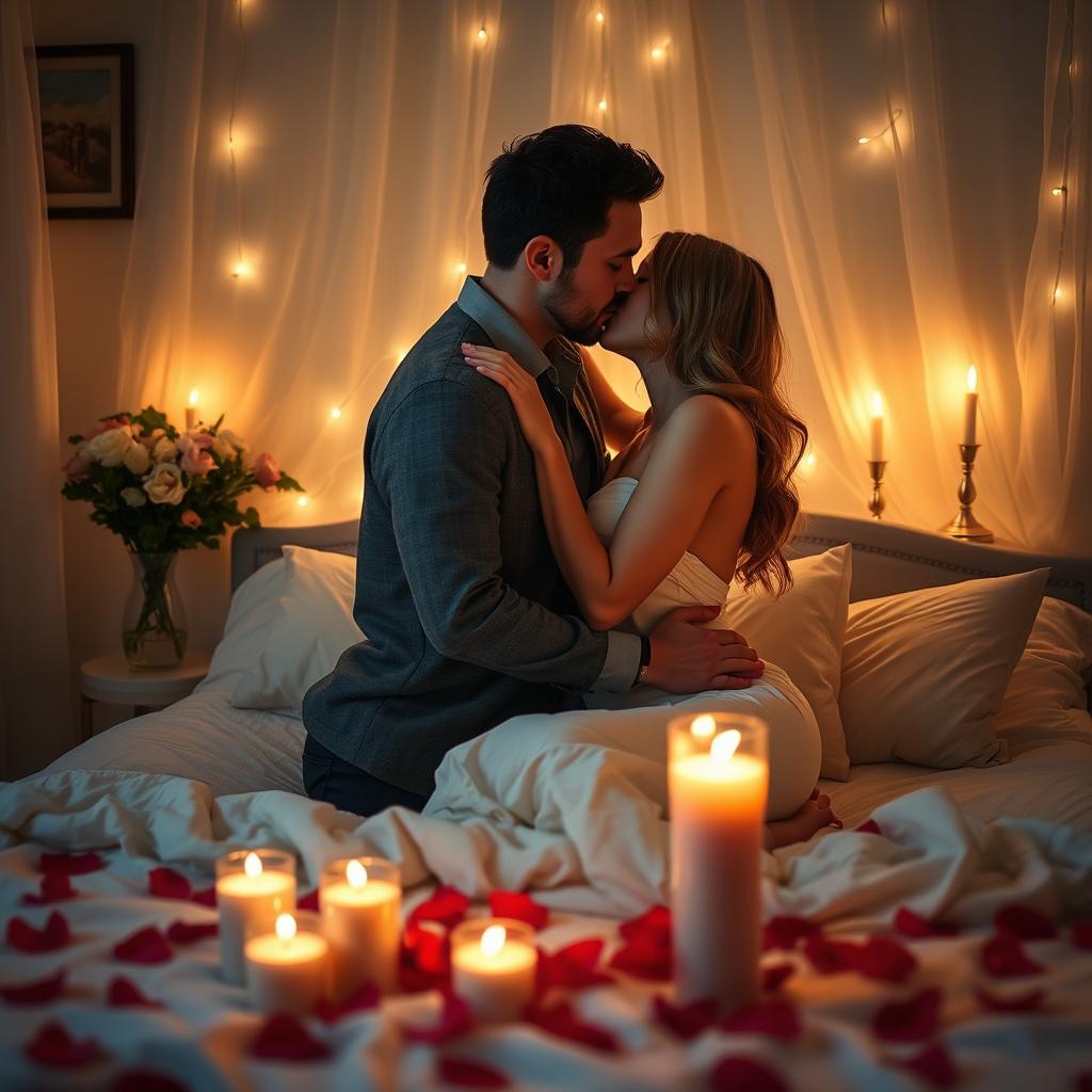 A romantic and intimate scene depicting a loving couple in a soft-lit, cozy bedroom, surrounded by candles and rose petals