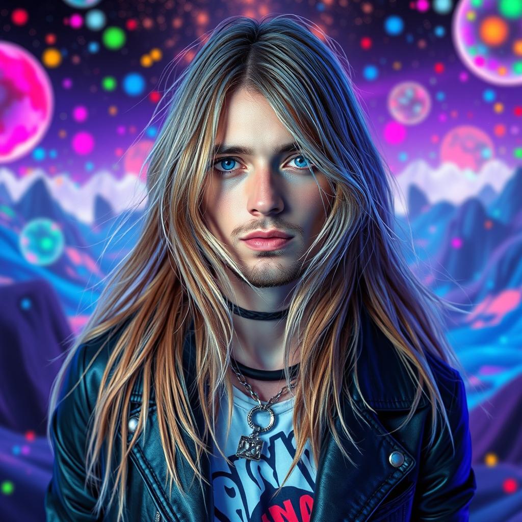A stunning 57-year-old Kurt Cobain-inspired metaverse character, featuring gorgeous long hair flowing elegantly