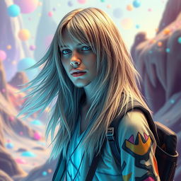 A stunning 57-year-old Kurt Cobain-inspired metaverse character, featuring gorgeous long hair flowing elegantly