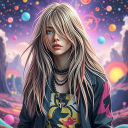 A stunning 57-year-old Kurt Cobain-inspired metaverse character, featuring gorgeous long hair flowing elegantly