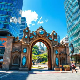 An ancient stone gate intricately decorated with stunning blue gems, standing prominently in the heart of a bustling modern city