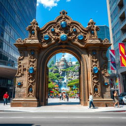 An ancient stone gate intricately decorated with stunning blue gems, standing prominently in the heart of a bustling modern city