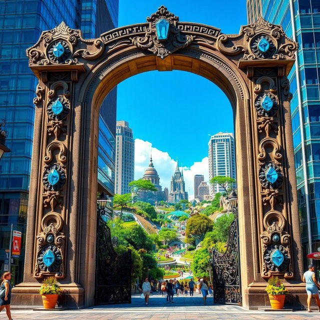 An ancient stone gate intricately decorated with stunning blue gems, standing prominently in the heart of a bustling modern city