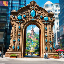 An ancient stone gate intricately decorated with stunning blue gems, standing prominently in the heart of a bustling modern city