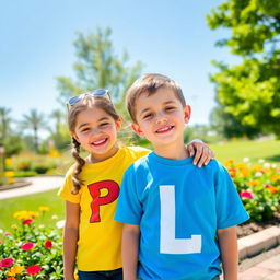 A vibrant and playful scene featuring a boy and a girl standing together in a sunny park