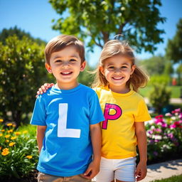 A vibrant and playful scene featuring a boy and a girl standing together in a sunny park