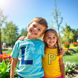 A vibrant and playful scene featuring a boy and a girl standing together in a sunny park