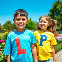 A vibrant and playful scene featuring a boy and a girl standing together in a sunny park