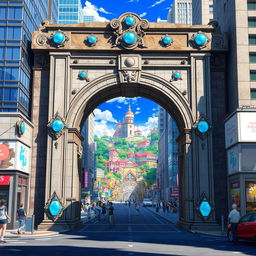 An ancient stone gate decorated with luminous blue gems, standing prominently in the midst of a bustling modern city