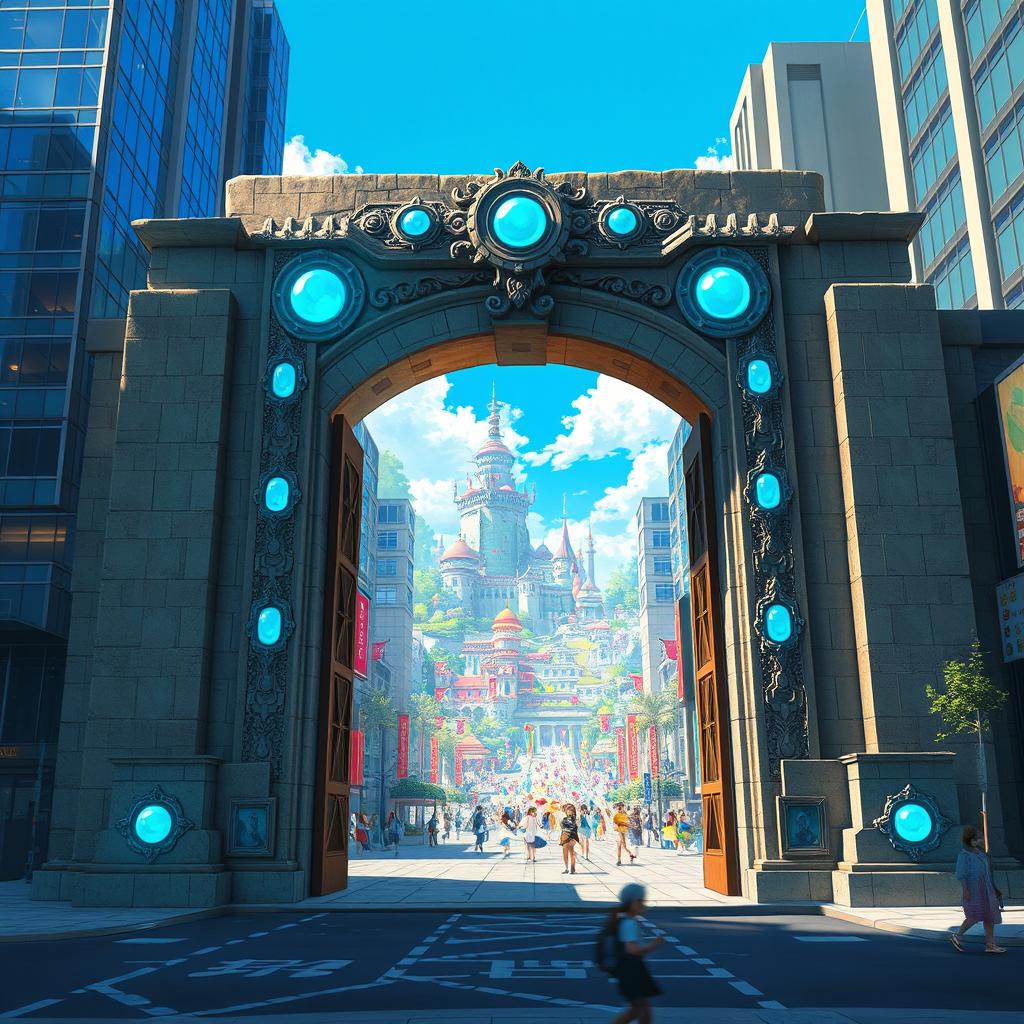 An ancient stone gate decorated with luminous blue gems, standing prominently in the midst of a bustling modern city