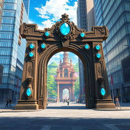 An ancient stone gate decorated with luminous blue gems, standing prominently in the midst of a bustling modern city