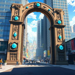 An ancient stone gate decorated with luminous blue gems, standing prominently in the midst of a bustling modern city