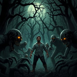 A scene set in a spooky forest filled with terrifying zombies and monstrous creatures, featuring a character named AMIR HOSSEIN