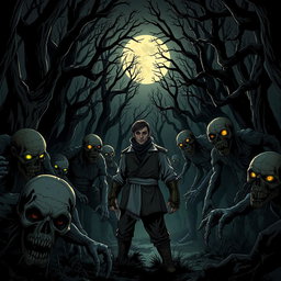 A scene set in a spooky forest filled with terrifying zombies and monstrous creatures, featuring a character named AMIR HOSSEIN