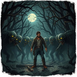 A scene set in a spooky forest filled with terrifying zombies and monstrous creatures, featuring a character named AMIR HOSSEIN